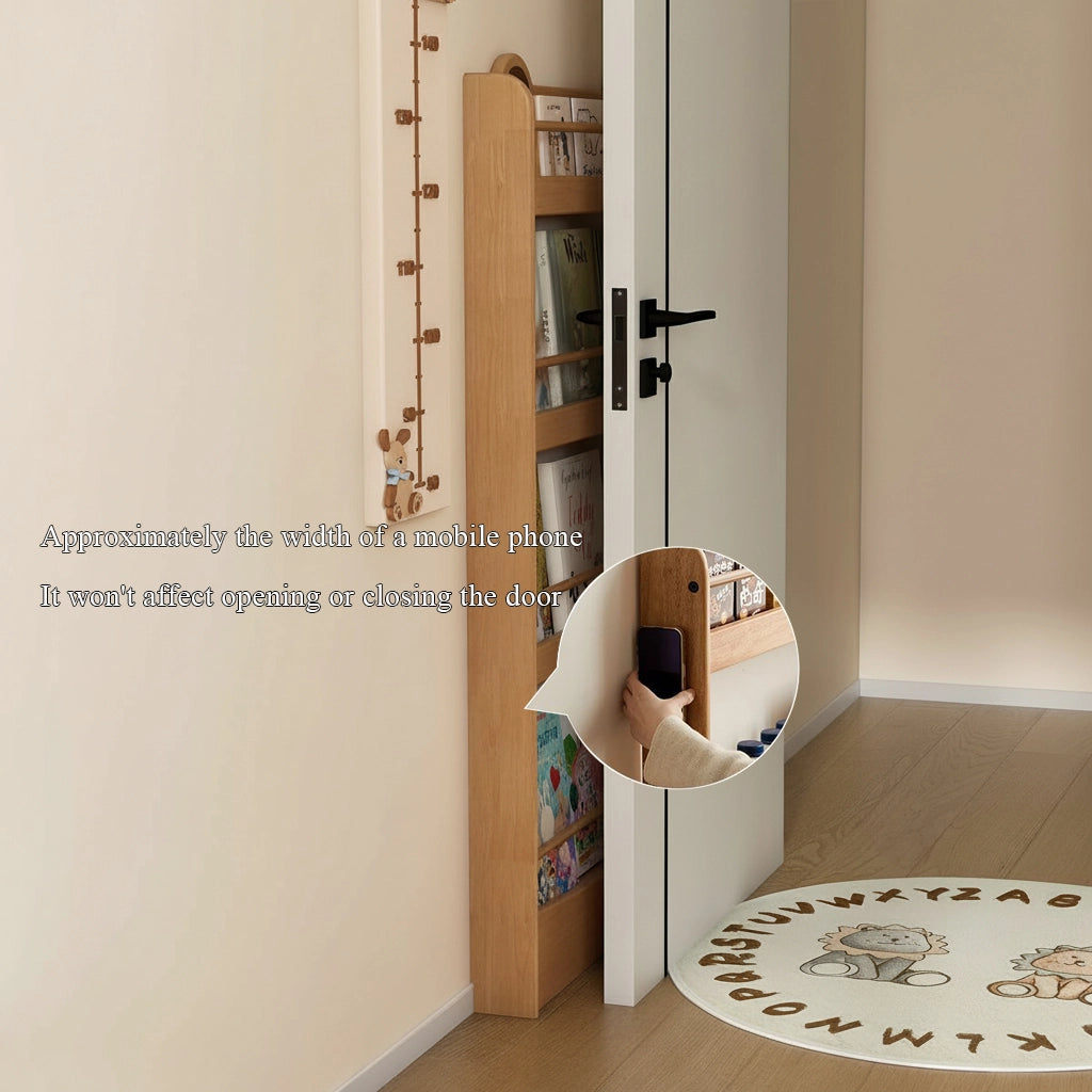 Side-profile view showing the slim depth of the solid rubberwood bookshelf mounted behind an open door