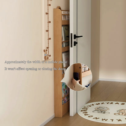 Side-profile view showing the slim depth of the solid rubberwood bookshelf mounted behind an open door