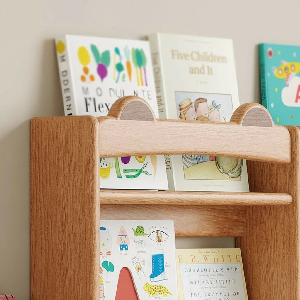 Close-up of the decorative ear-shaped accents and natural grain on the solid rubberwood wall bookshelf
