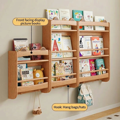 Angled view infographic showing three rubberwood wall bookshelves with text boxes highlighting storage features