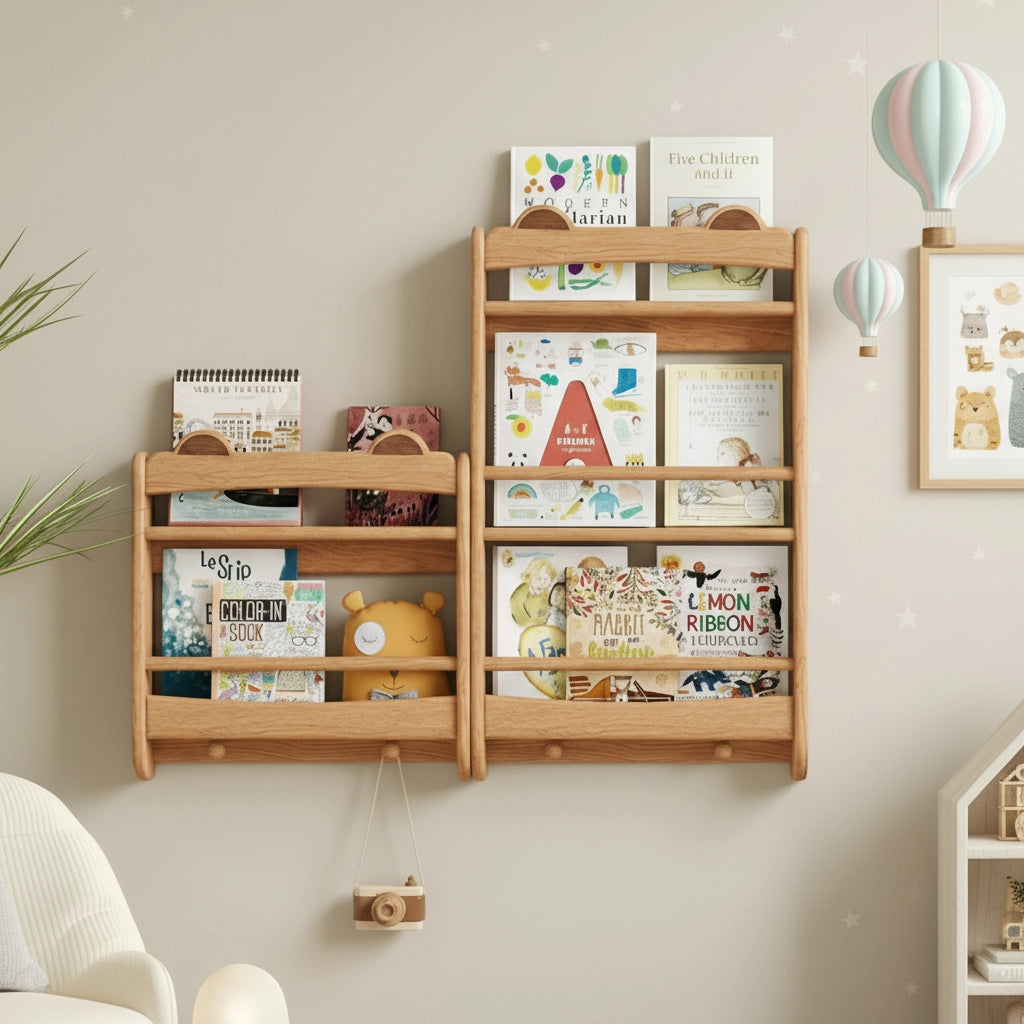 Front view of two solid rubberwood wall bookshelves mounted in a nursery with hot air balloon decor