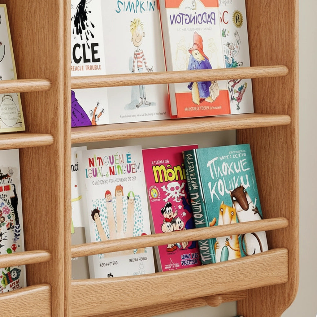 Detailed close-up view of the smooth horizontal security rails on the front-facing kids book rack
