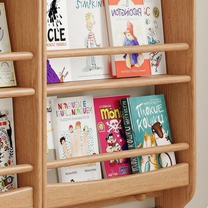 Detailed close-up view of the smooth horizontal security rails on the front-facing kids book rack