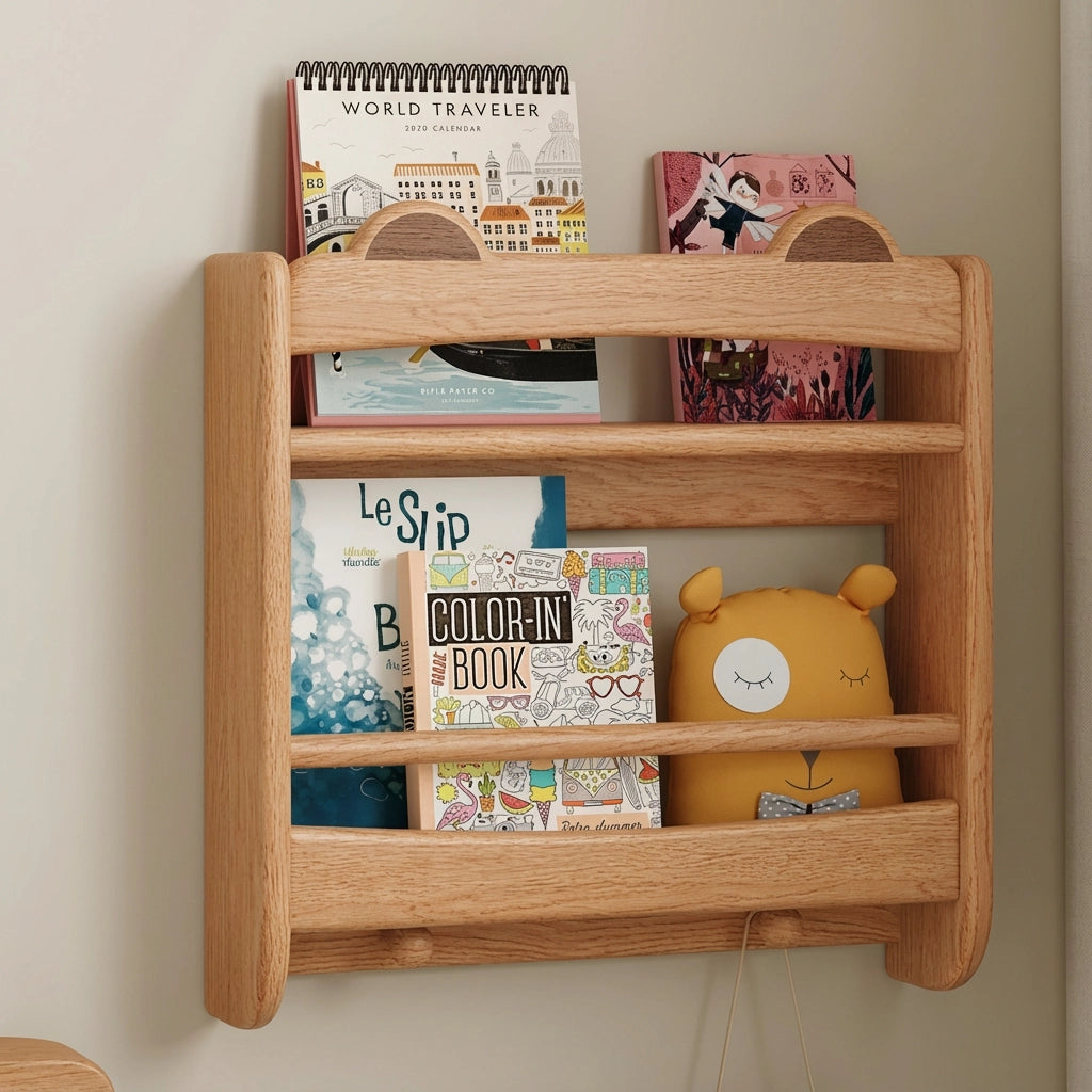 Three-quarter view of the small wall bookshelf unit holding books and a yellow bear pouch