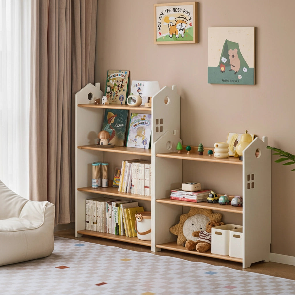 Angled room view of a large solid rubberwood house-shaped kids bookshelf filled with books and toys