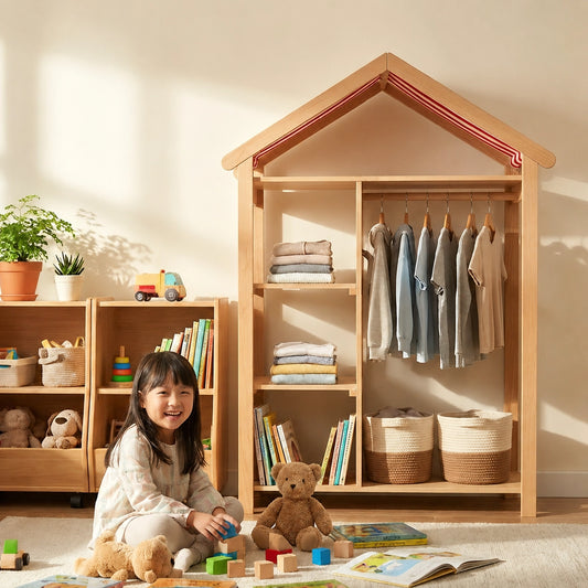 Front view of a house-shaped solid wood kids clothing rack with a young girl playing with blocks on the floor