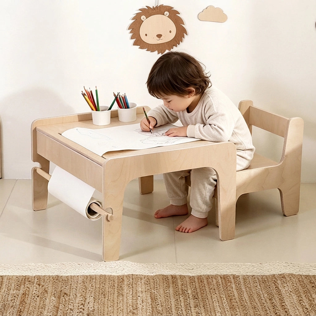 Angled view of a child sitting on the chair and drawing on paper at the activity table
