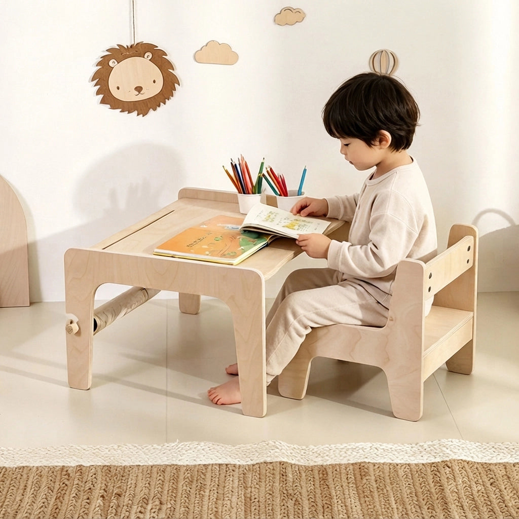 Side view of a young child sitting at the marine plywood activity table reading a book