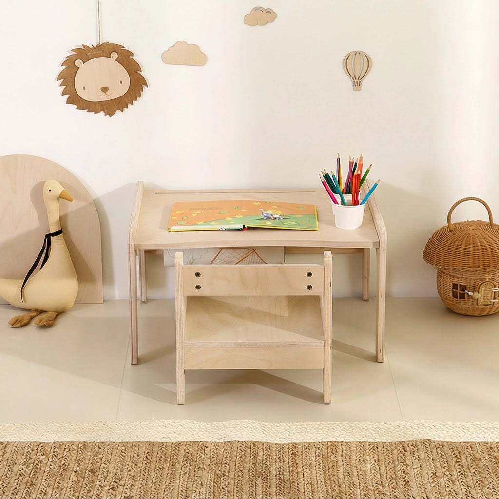 Front view of the marine plywood kids activity table and chair set in a playroom