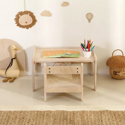 Front view of the marine plywood kids activity table and chair set in a playroom