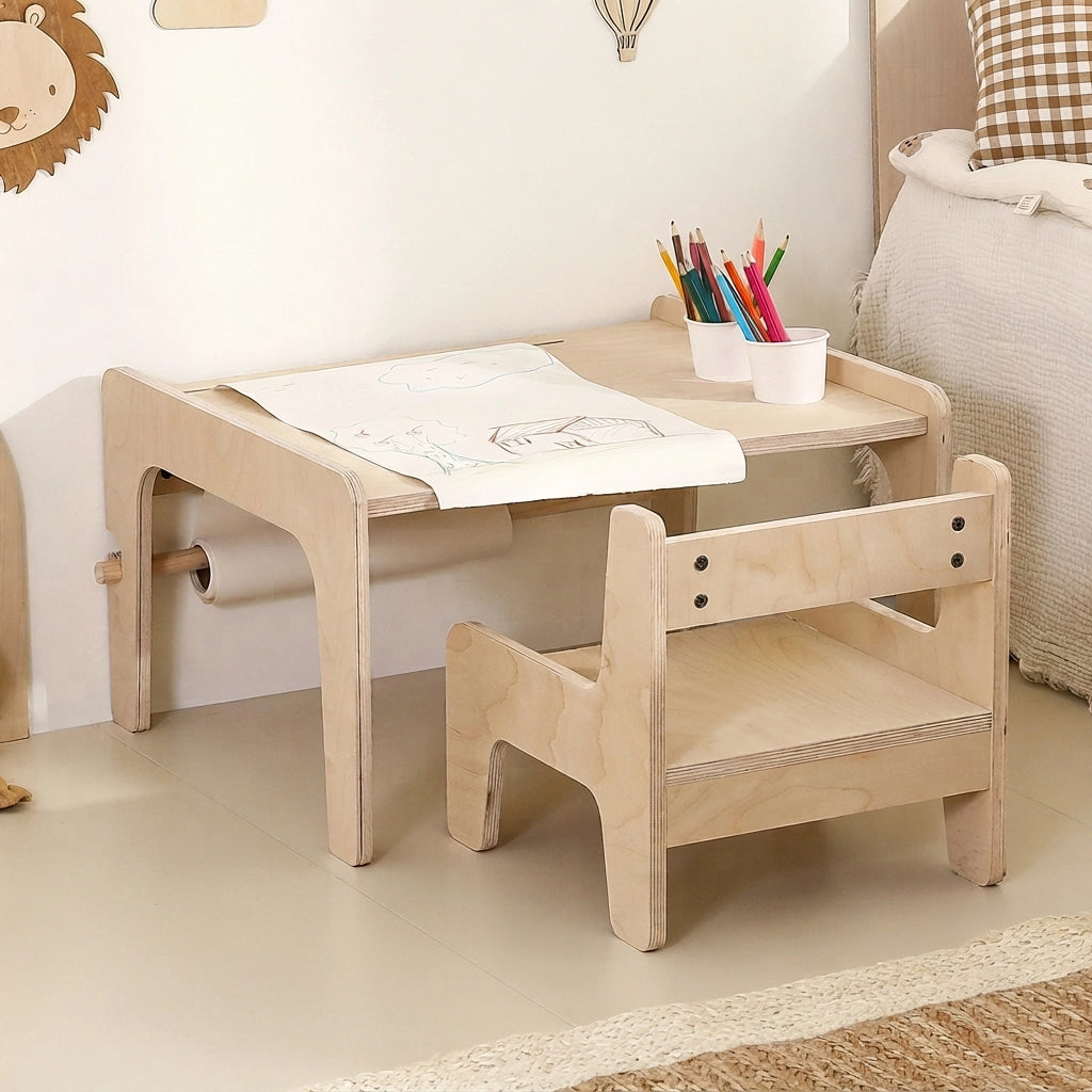 Three-quarter view of a marine plywood kids activity table and chair set with a paper roll
