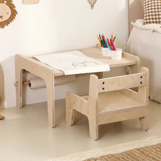 Three-quarter view of a marine plywood kids activity table and chair set with a paper roll