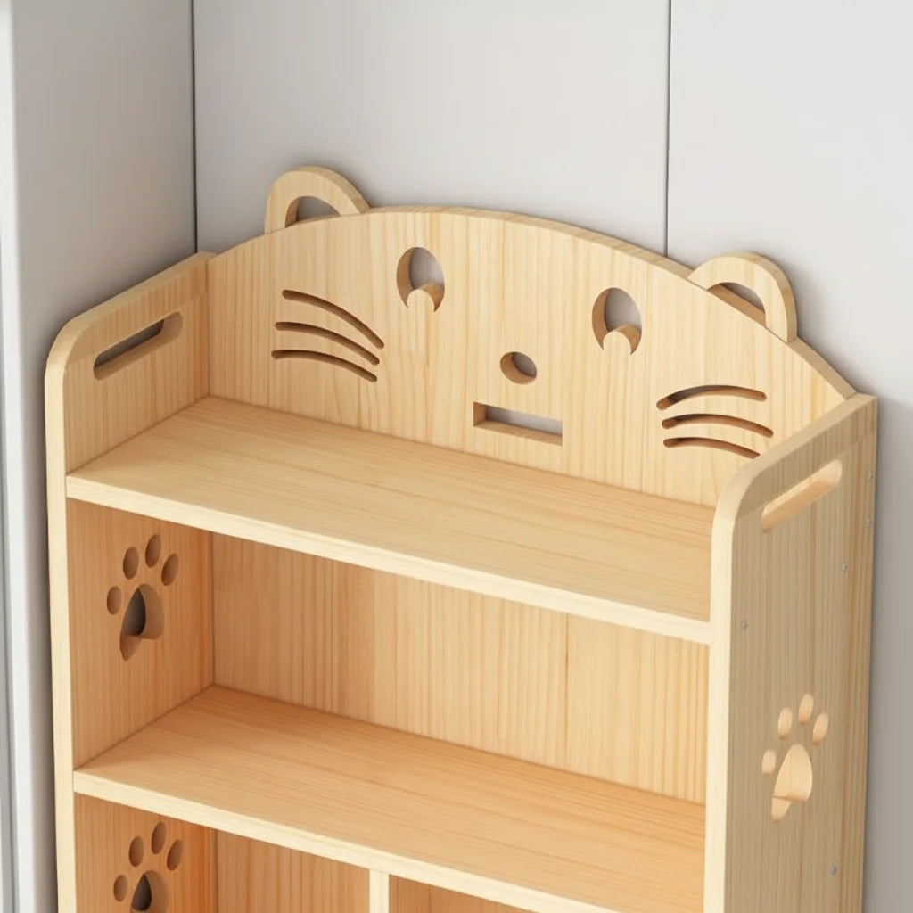 Close-up of the animal face carving and paw cutouts on an empty solid pine kids bookshelf
