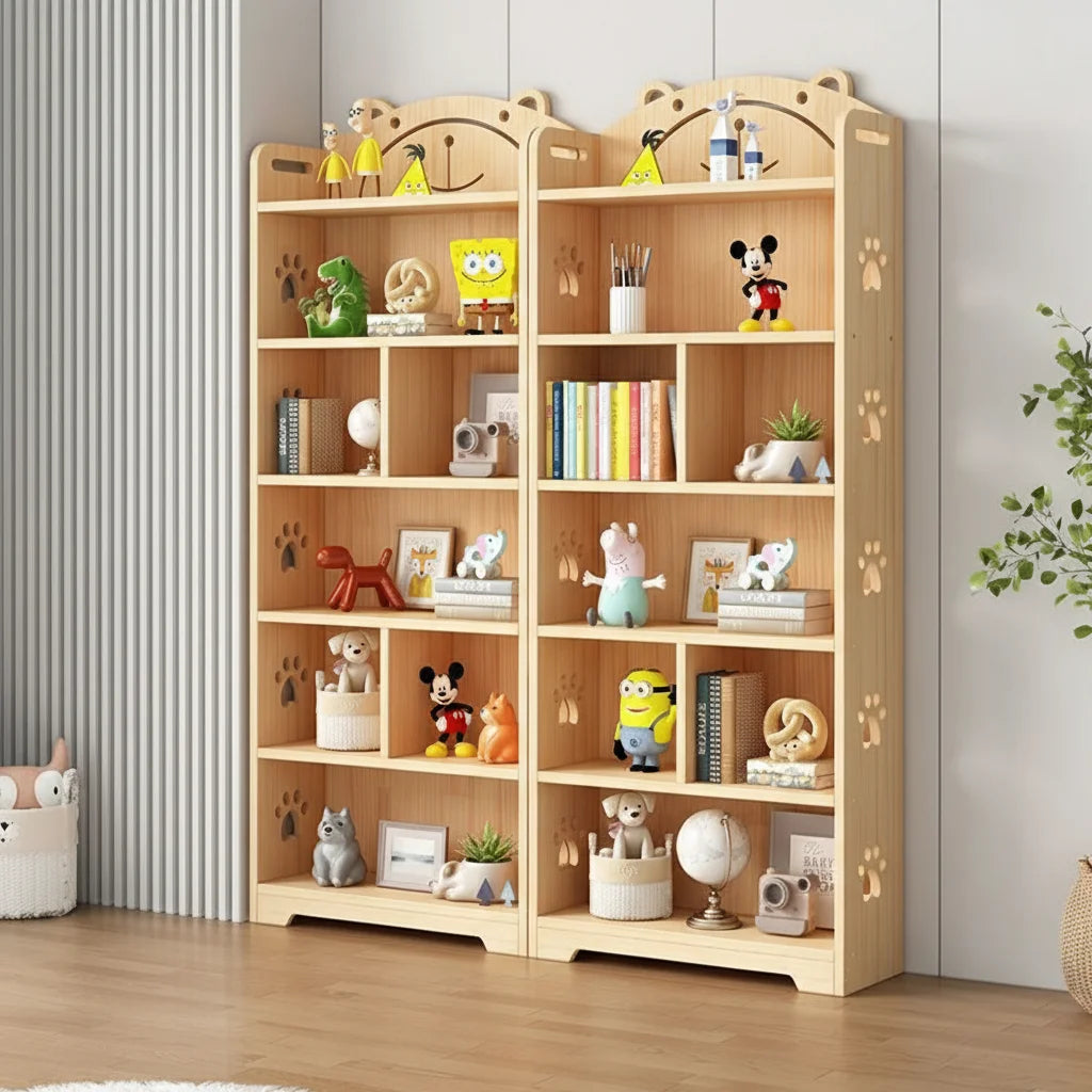 Two tall solid pine kids bookshelves with open storage shelves side by side in a playroom