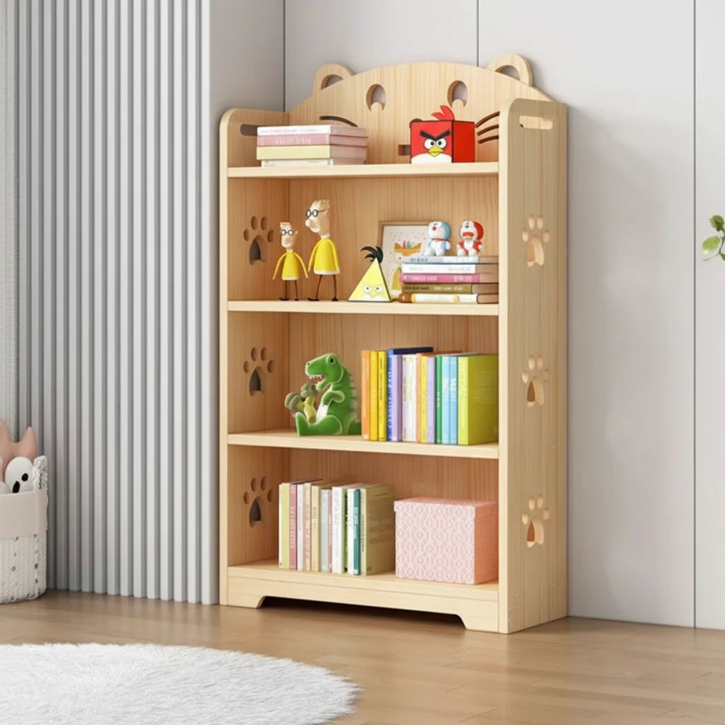 Single low solid pine kids bookshelf with three tiers filled with books and dinosaur toys