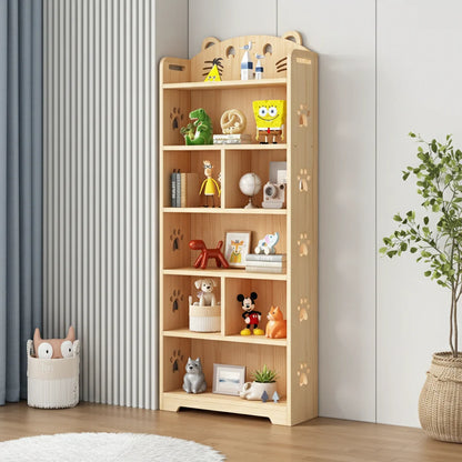 Single tall solid pine kids bookshelf displaying toys and books in a children's bedroom