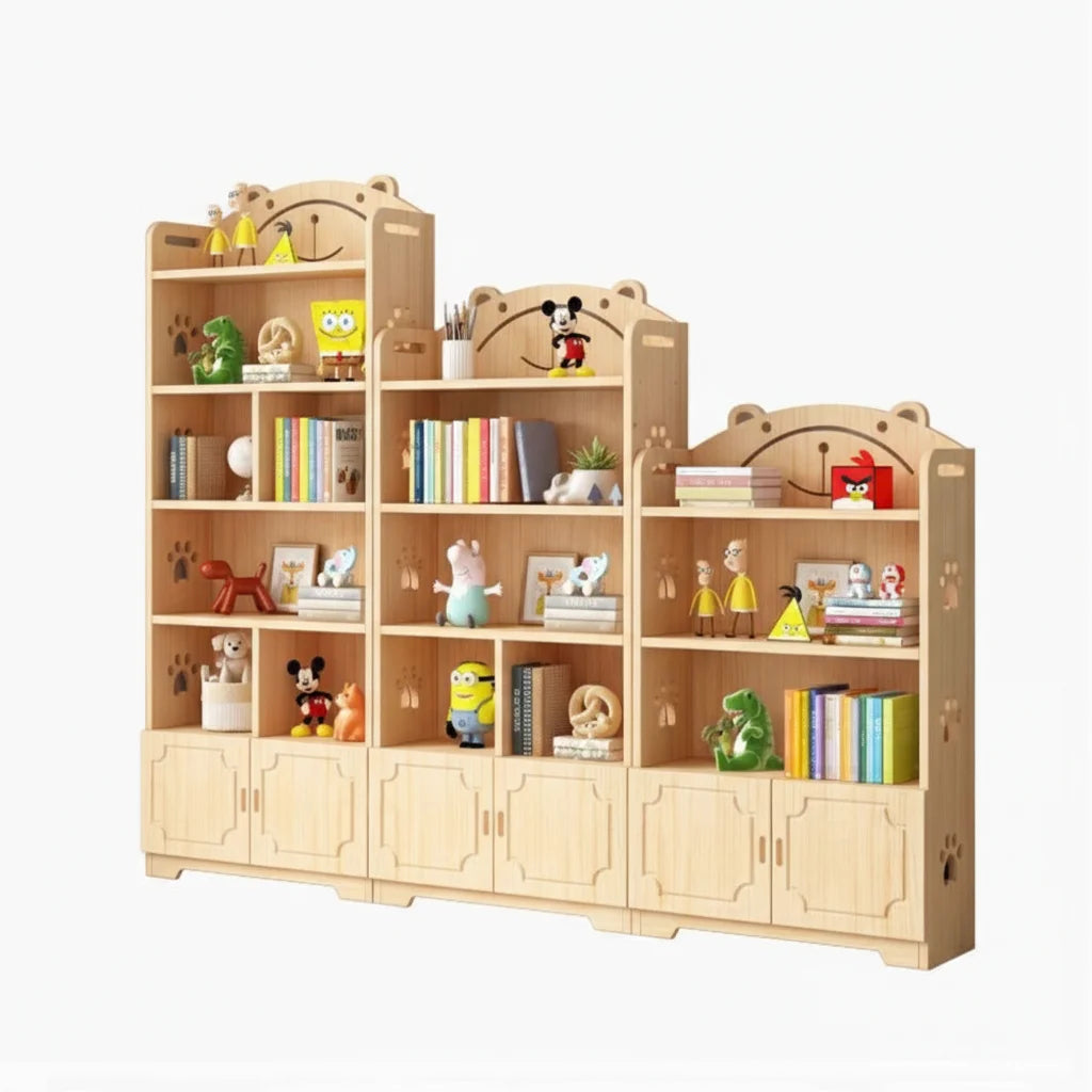 Three-piece stepped solid pine kids bookshelf and toy cabinet with doors on a white background