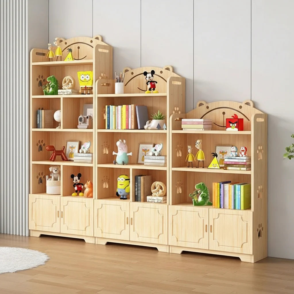Three-piece stepped solid pine kids bookshelf and toy cabinet system holding books and toys