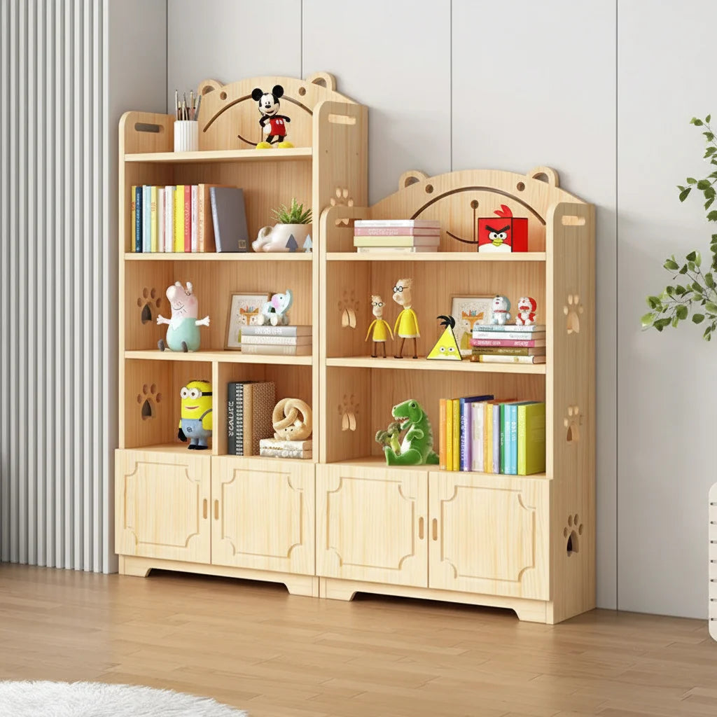 Two-piece solid pine kids bookshelf and toy cabinet combo with lower doors in a room