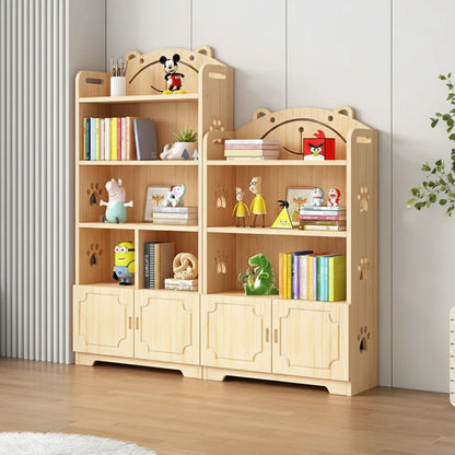 Two-piece solid pine kids bookshelf and toy cabinet combo with lower doors in a room