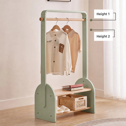 Sage green solid beech wood kids coat rack showing two adjustable height positions for the hanging rod
