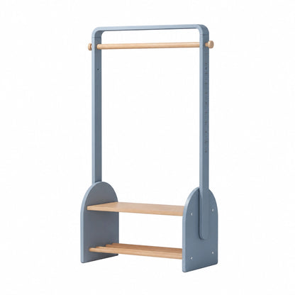 Three-quarter view of a slate blue kids coat rack and shoe bench combo made of solid beech wood