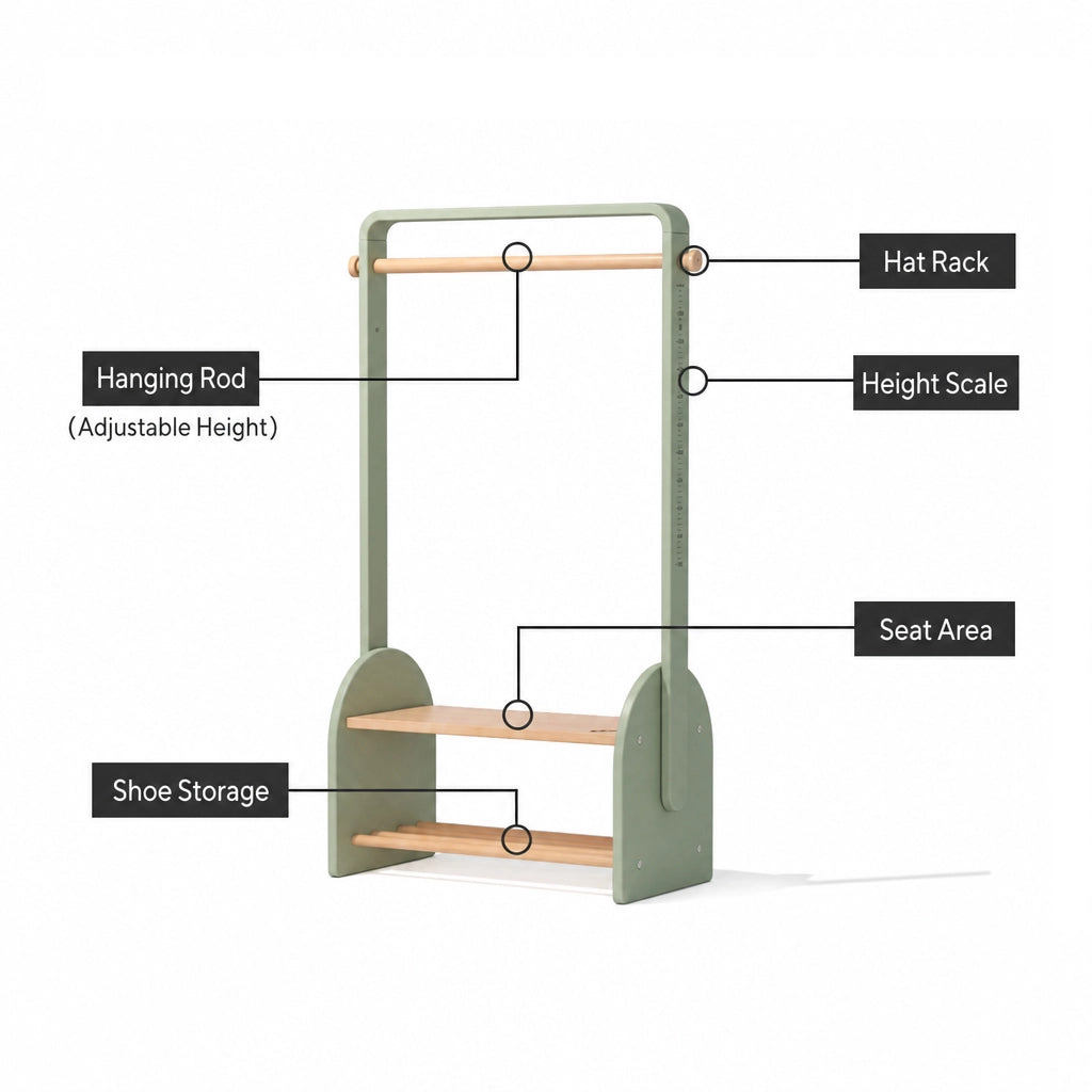 Product feature diagram labeling the adjustable hanging rod, height scale, seat area, and shoe storage