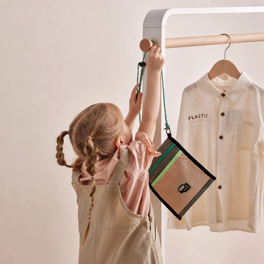Close-up of a child hanging a small pouch onto the round wooden side peg of the kids coat rack