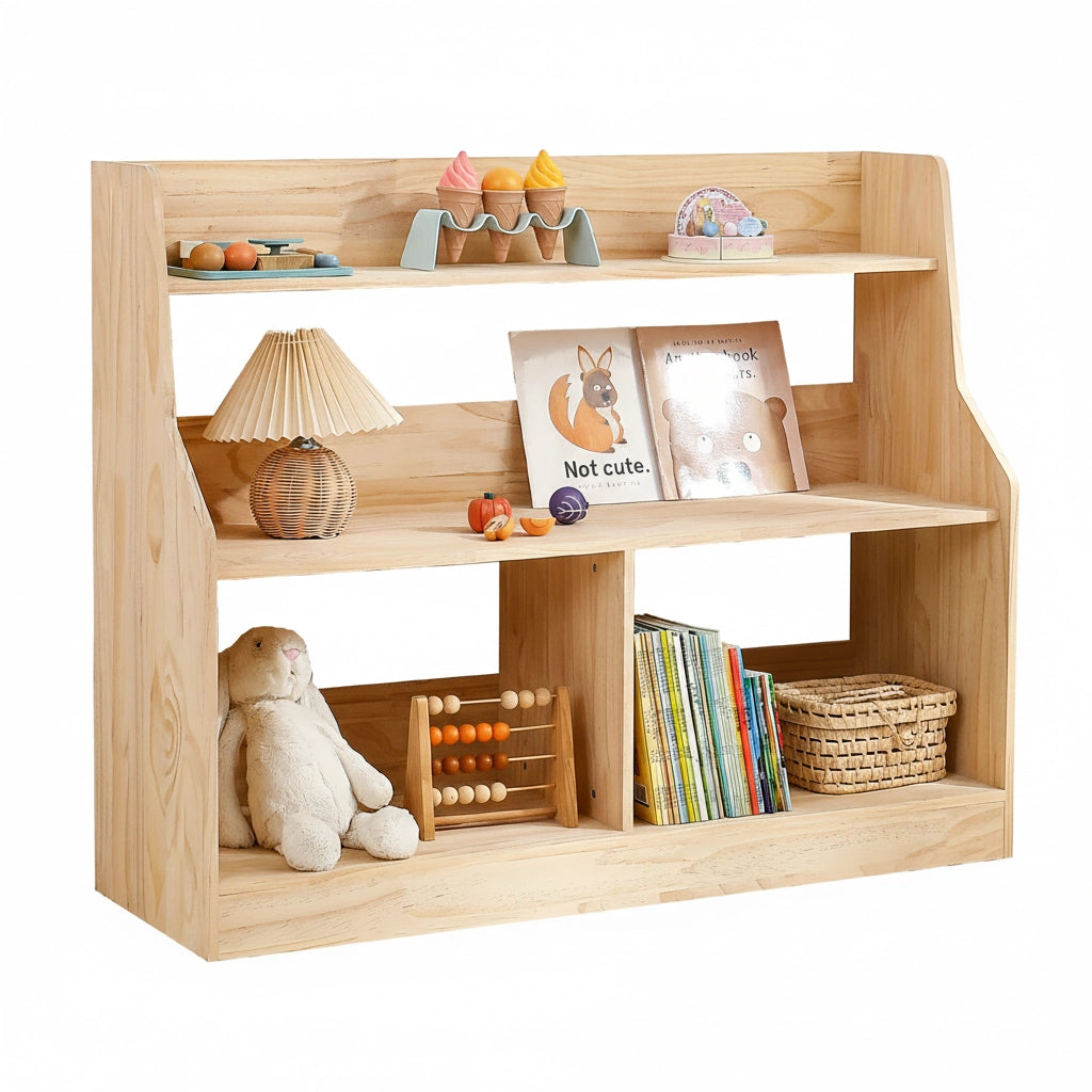 Three-quarter view of an unfinished pine Montessori toy organizer on a clean white background