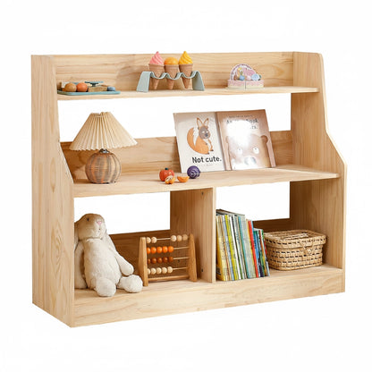 Three-quarter view of an unfinished pine Montessori toy organizer on a clean white background
