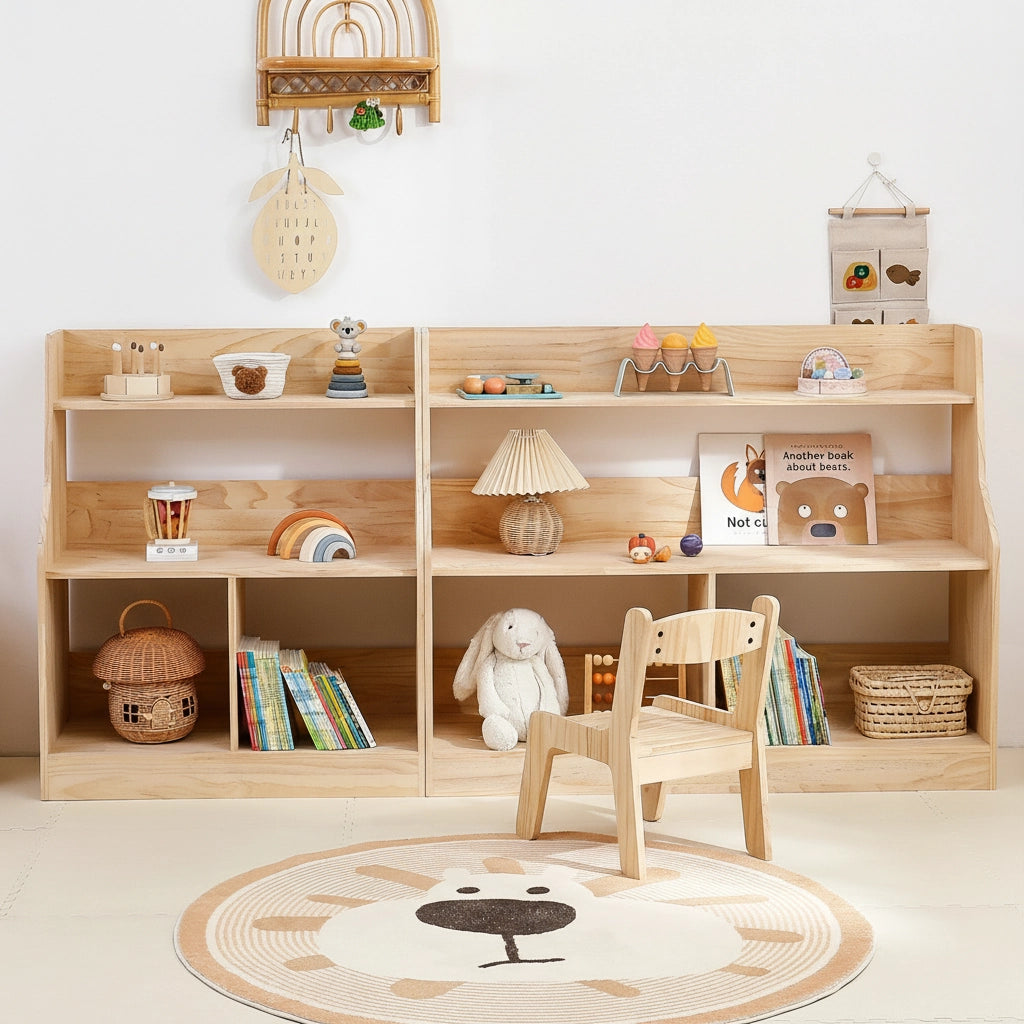 Front view of the unfinished pine toy organizer with a small matching wooden chair in front