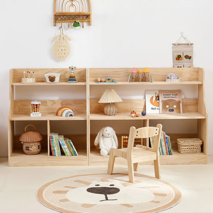 Front view of the unfinished pine toy organizer with a small matching wooden chair in front