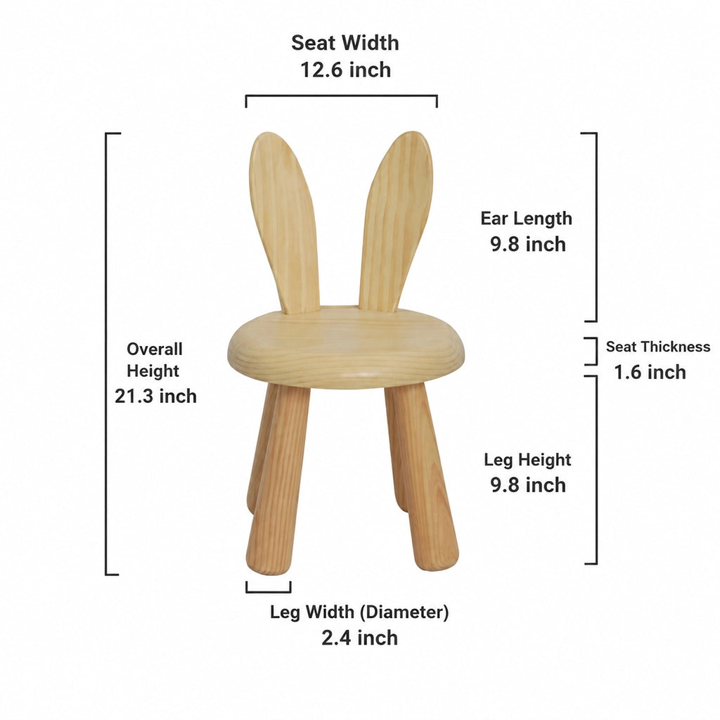 Dimension diagram of the solid pine kids bunny chair indicating a total height of 21.3 inches and seat width of 12.6 inches