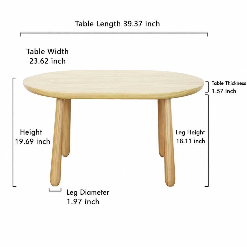 Dimension infographic of the oval solid pine kids table showing a length of 39.37 inches and a width of 23.62 inches