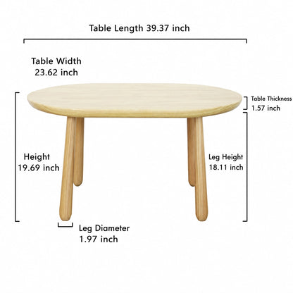 Dimension infographic of the oval solid pine kids table showing a length of 39.37 inches and a width of 23.62 inches