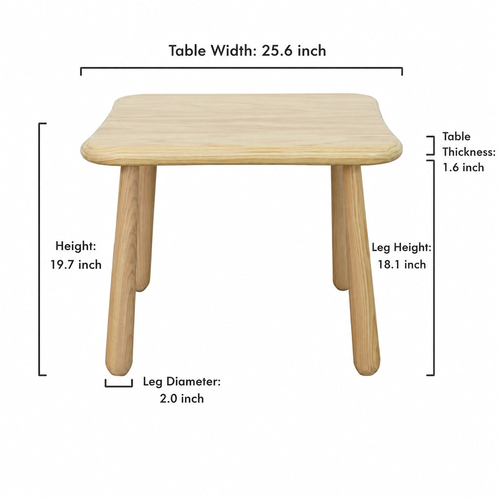 Dimension diagram of the square solid pine children's table showing a width of 25.6 inches and height of 19.7 inches
