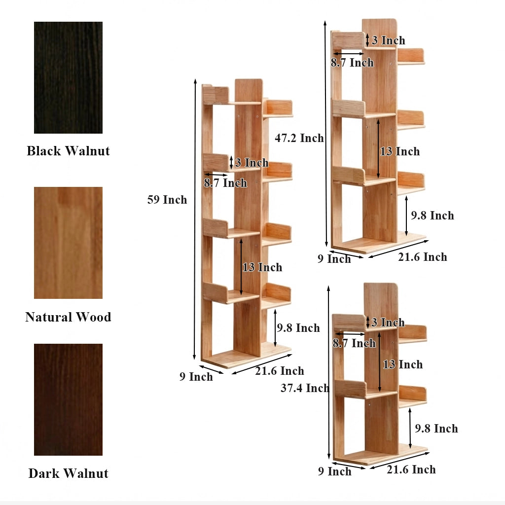 Dimensions chart and color options showing three heights and wood finishes including natural wood and walnut