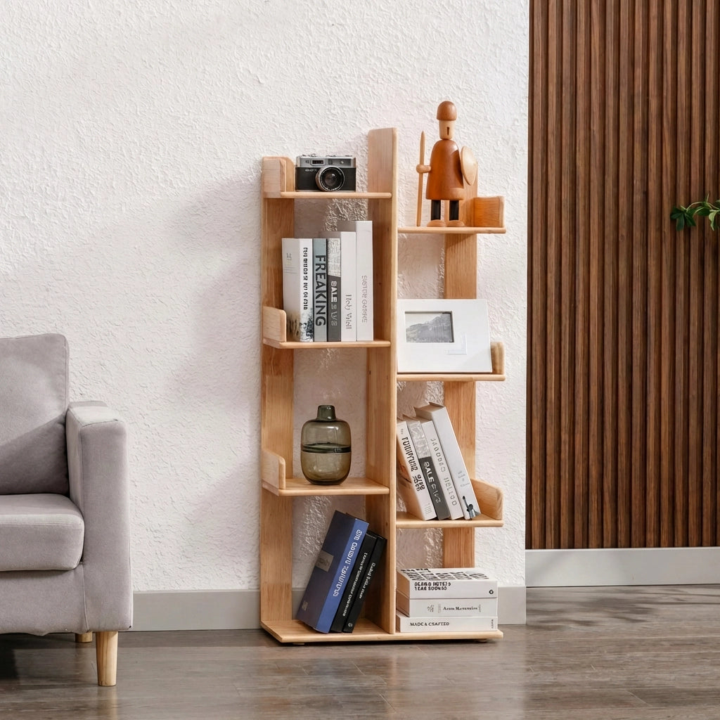 Front view of a solid rubberwood kids tree bookshelf filled with books and decorative items