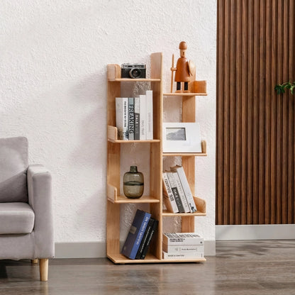 Front view of a solid rubberwood kids tree bookshelf filled with books and decorative items