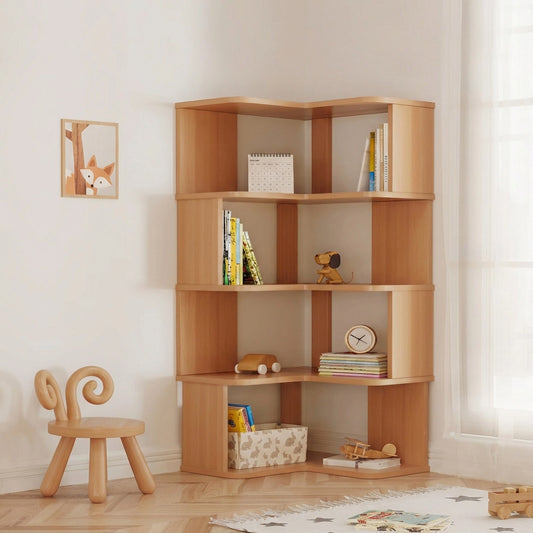 Left three-quarter view of a five-tier L-shaped corner bookshelf holding toys and books in a playroom corner
