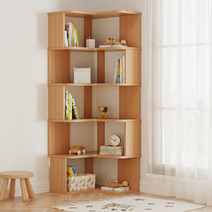 Angled view of a five-tier L-shaped corner bookshelf in a natural wood finish holding books and toys