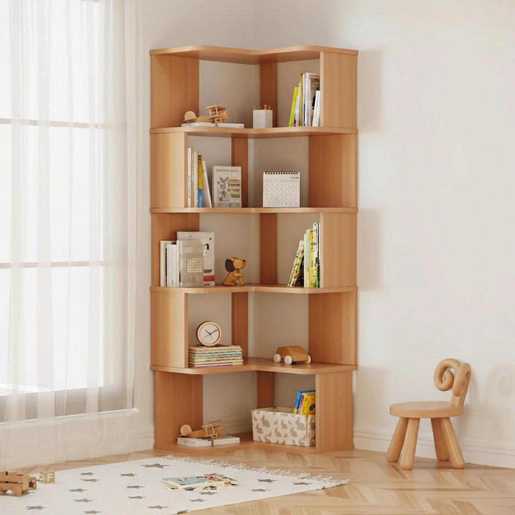 Right angled view of a five-tier L-shaped corner bookshelf beside a window with a sheer curtain