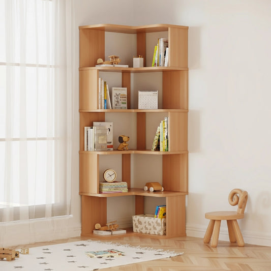 Right angled view of a five-tier L-shaped corner bookshelf beside a window with a sheer curtain
