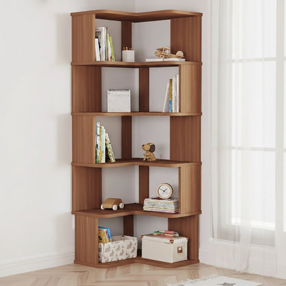 Five-tier walnut L-shaped corner bookshelf displaying books and wooden toys on a wood floor
