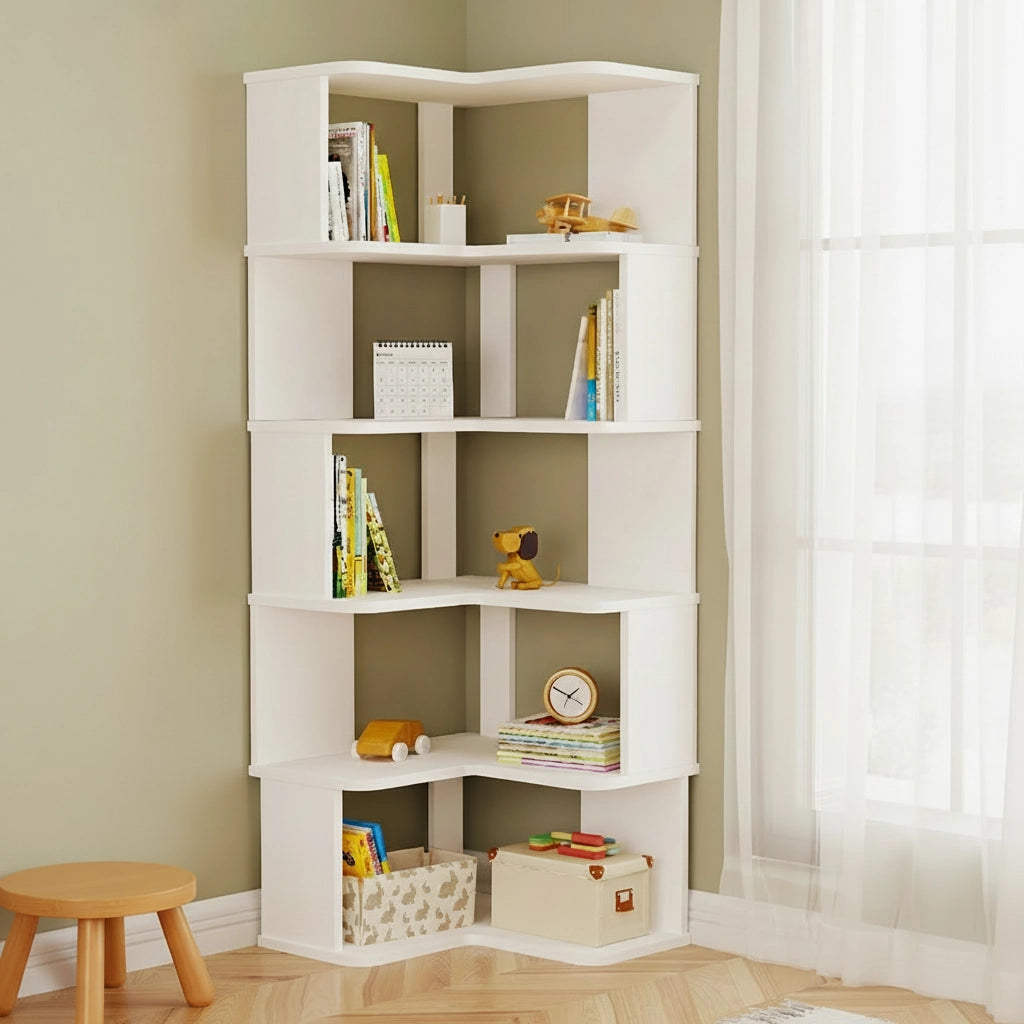 Five-tier white L-shaped corner bookshelf filled with books and toys against an olive green wall
