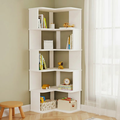 Five-tier white L-shaped corner bookshelf filled with books and toys against an olive green wall