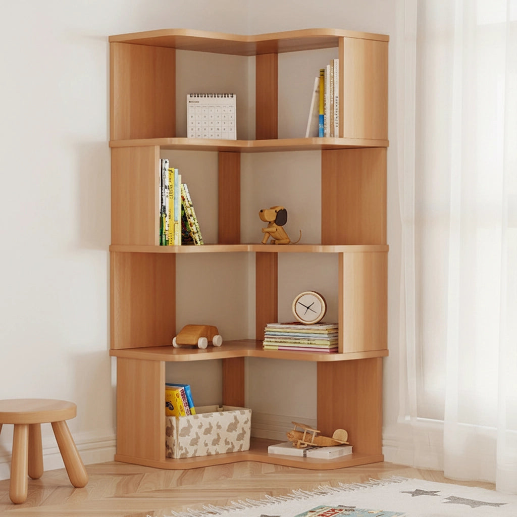 Four-tier L-shaped corner bookshelf in a natural wood finish holding books, a calendar, and toys