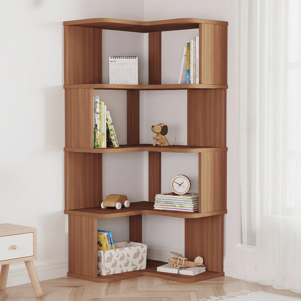 Four-tier walnut L-shaped corner bookshelf holding children's books and toys beside a window