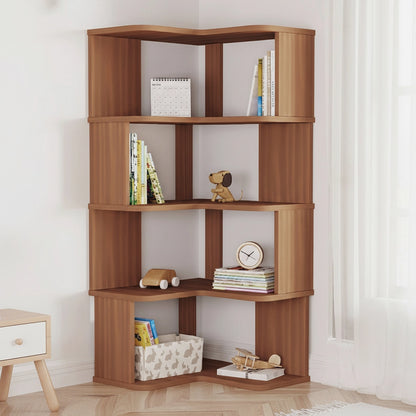Four-tier walnut L-shaped corner bookshelf holding children's books and toys beside a window
