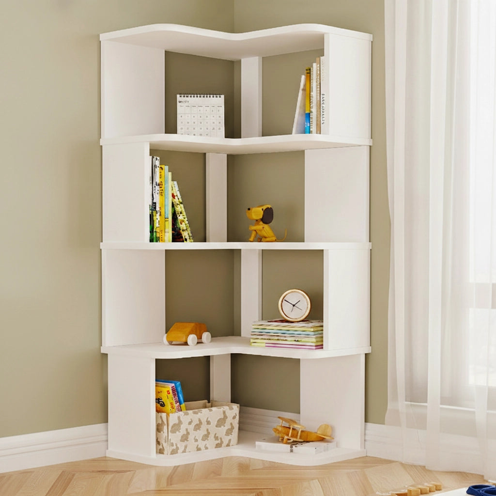 Four-tier white L-shaped corner bookshelf filled with books and toys in a children's playroom